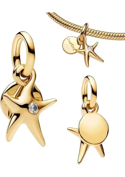 Gold Renk Gümüş Denizyıldızı Çift Sallantılı Charm