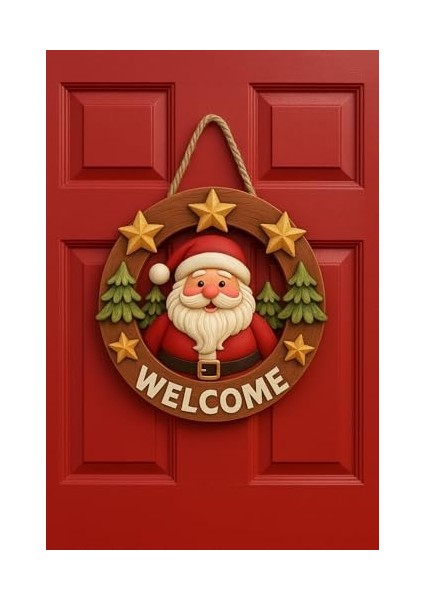 Yuvarlak Yıldızlı Babalı Yılbaşı Ahşap Kapı Yılbaşı Süsü Yılbaşı Temalı Hediyeler (23-23 Cm)