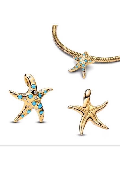Gold ve Işıltılı Mavi Denizyıldızı Sallantılı Charm