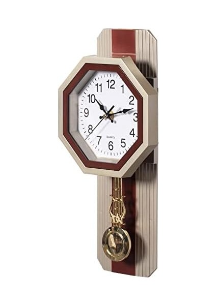 Geleneksel Bej Yuvarlak Ahşap - Oturma Odası, Mutfak Veya Yemek Odası Için Sarkaçlı Plastik Duvar Saati (QI004509.PC)