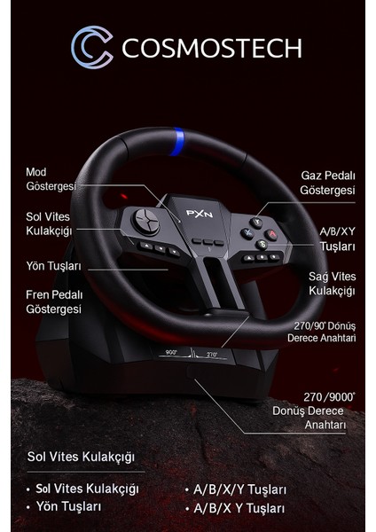 Pxn V9 Gen 2 Direksiyon Seti – Hall Effect Pedallar, Vites, 270°/900° Geçiş, Manyetik Sensör, Pc/xbox Series X|s/one/ps4 Uyumlu Gaming Racing Wheel fiyatları