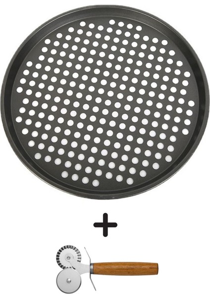 Paslanmaz Karbon Çelik, Delikli, Yanmaz 32 cm Büyük Boy Pizza ve Lahmacun Tepsisi ve Pizza Ruleti