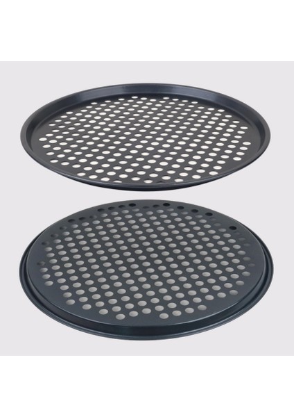 Paslanmaz Karbon Çelik, Delikli, Yanmaz 32 cm Büyük Boy Pizza ve Lahmacun Tepsisi ve Pizza Ruleti