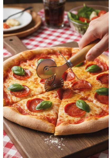 Paslanmaz Karbon Çelik, Delikli, Yanmaz 32 cm Büyük Boy Pizza ve Lahmacun Tepsisi ve Pizza Ruleti