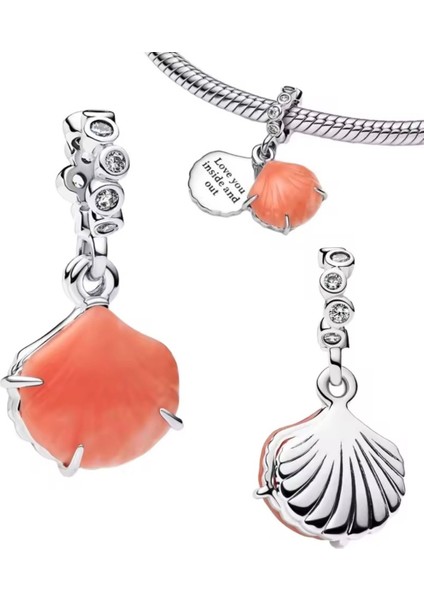 Gümüş Mercan Renkli Çift Sallantılı Deniz Kabuğu Charm