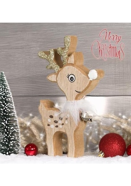 Sole Yılbaşı Süsü Dekoratif Çıngıraklı Ahşap Geyik Biblo Figür - 15 cm