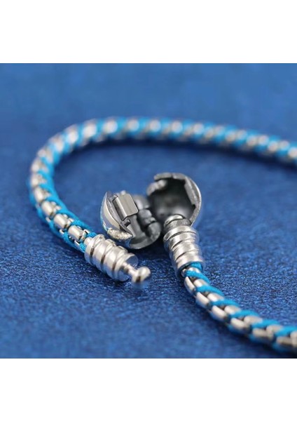 Gümüş Damgalı Mavi Kordonlu Yılan Zincir Bileklik modelleri