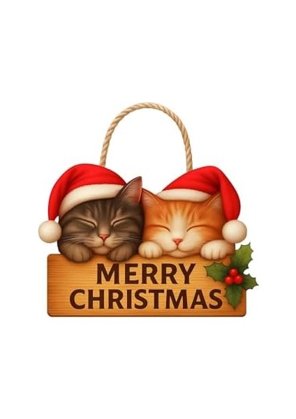 Uyuyan Kedili Yılbaşı Ahşap Kapı Süsü Kapı Süsü, Yılbaşı Süsü Yılbaşı Temalı Hediyeler (30-18 Cm)