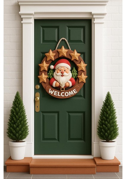 Yuvarlak Yıldızlı Ahşap Kapı Süsü Yılbaşı Mazemeleri Yılbaşı Temalı Hediyeler 2026 (23-23 Cm)