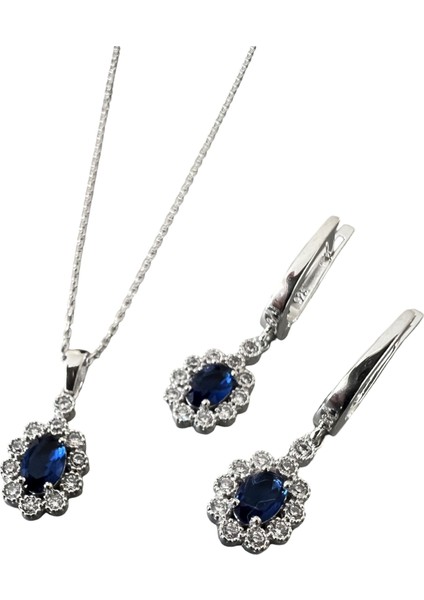 Gümüş Safir Oval Taşlı Sallantılı Küpe ve Kolye Seti