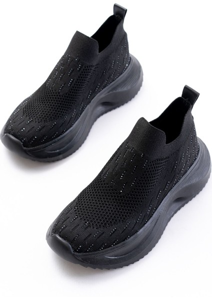 ZRİN-707 Siyah Triko Faillant Taban Slip-On Taşlı Kadın Spor Ayakkabı
