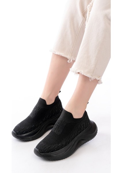 ZRİN-707 Siyah Triko Faillant Taban Slip-On Taşlı Kadın Spor Ayakkabı modelleri