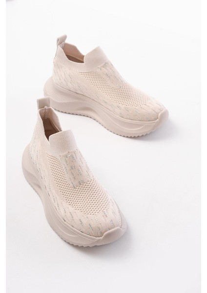 ZRİN-707 Bej Triko Faillant Taban Slip-On Taşlı Kadın Spor Ayakkabı