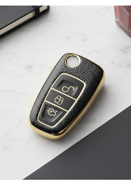 Ford Courier Focus Fiesta C-Max Mondeo Custom Galaxy 3 Buton Nano Deri Anahtar Kılıfı Sustalı Gold