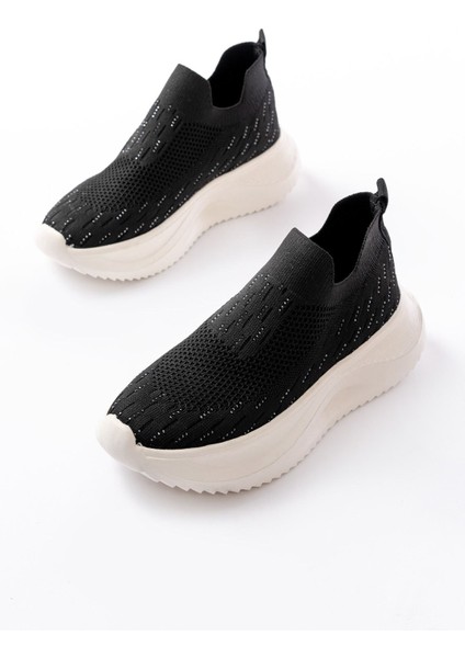 ZRİN-707 Siyah Beyaz Triko Faillant Taban Slip-On Taşlı Kadın Spor Ayakkabı
