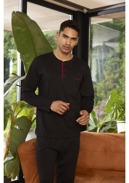 9250 Erkek Dört Mevsim Midi Yaka Uzun Kollu Pijama Takım