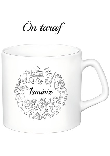 Kişiye Özel Seyahat Temalı Beyaz Afilli Kupa Bardak