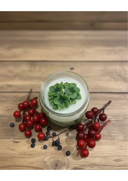 Çiçek Desenli Şeritli Özel Tasarım Dekoratif Cam Kavonozlu Kokulu Yeşil Mum (Orkide Kokulu)