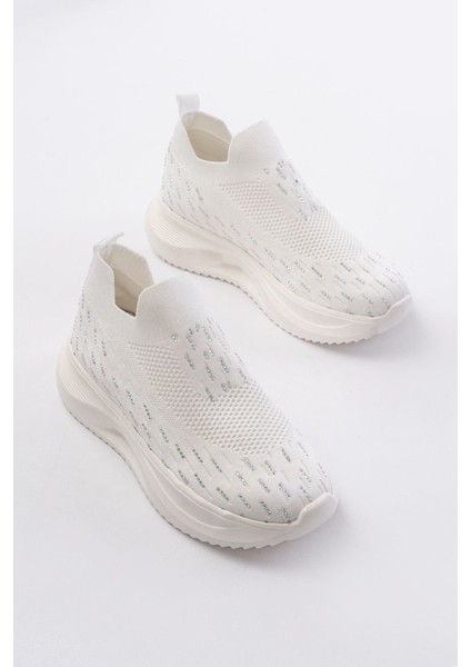 ZRİN-707 Beyaz Triko Faillant Taban Slip-On Taşlı Kadın Spor Ayakkabı