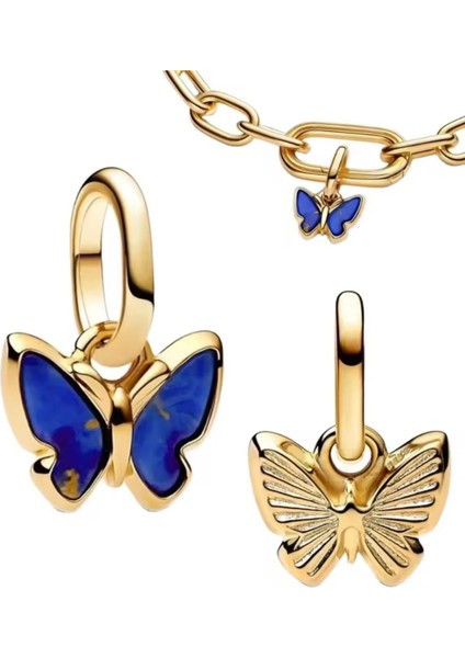 Mini Gold Mavi Kelebek Charm ve Kolye Ucu