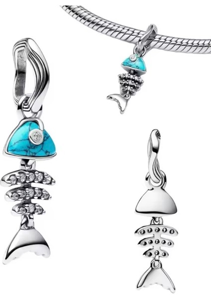 Gümüş Turkuaz Renkli Balık Kemiği Sallantılı Charm