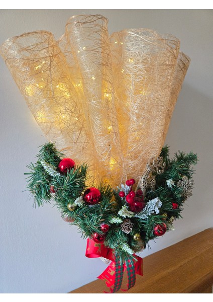 Işıklı El Yapımı Yılbaşı Kapı Süsü – Kırmızı Altın Noel Duvar Dekoru modelleri