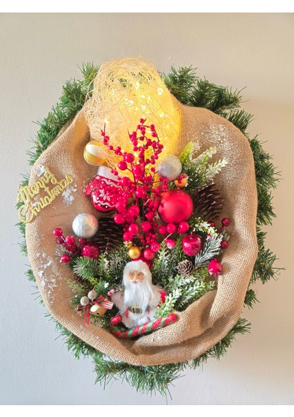 El Yapımı Jüt Kumaşlı Santa Yılbaşı Kapı ve Duvar Süsü – Kırmızı Yeşil Noel Çelengi