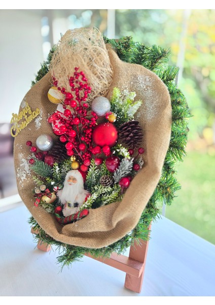 El Yapımı Jüt Kumaşlı Santa Yılbaşı Kapı ve Duvar Süsü – Kırmızı Yeşil Noel Çelengi fırsatları