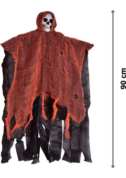 LED Işıklı Kahkaha Atan Sesli Sensörlü Ürpertici Kuru Kafa Korku Hayalet Saçaklı Dekor 90X50 cm