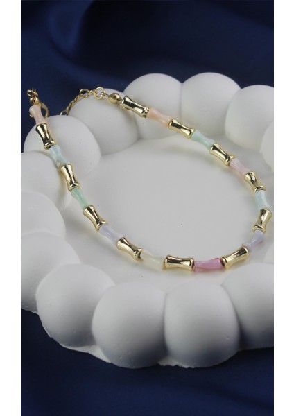 Altın Rengi Bambu Görünümlü ve Pastel Tonlu Doğal Taş Halhal