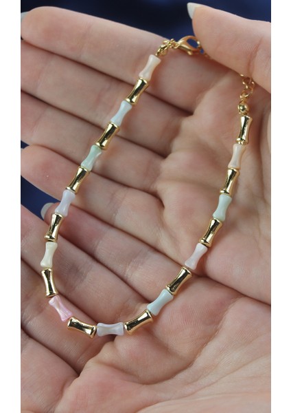 Altın Rengi Bambu Görünümlü ve Pastel Tonlu Doğal Taş Halhal fiyatları