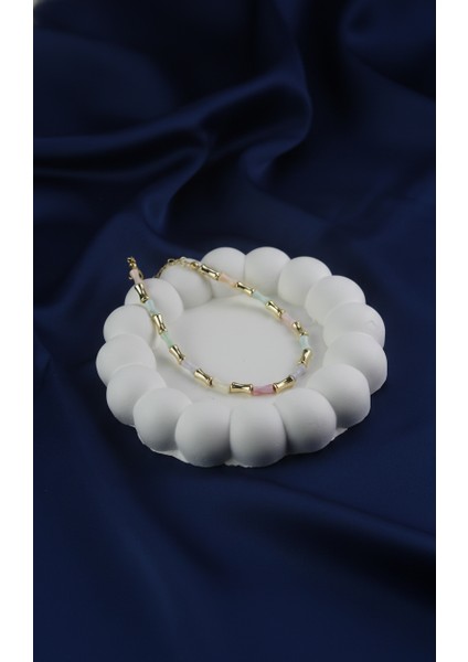 Altın Rengi Bambu Görünümlü ve Pastel Tonlu Doğal Taş Halhal modelleri