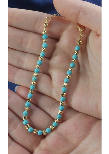 Altın Rengi Dorika Boncuklu ve Turkuaz Taşlı Ayarlanabilir Kadın Halhal