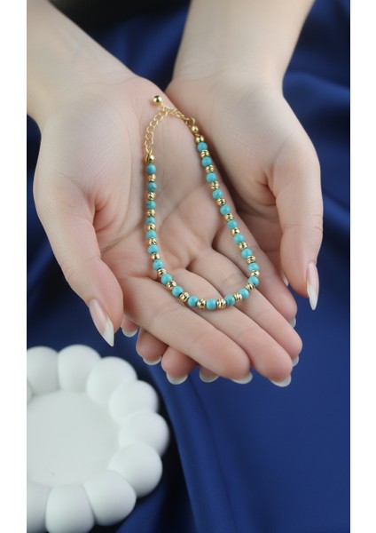Altın Rengi Dorika Boncuklu ve Turkuaz Taşlı Ayarlanabilir Kadın Halhal modelleri
