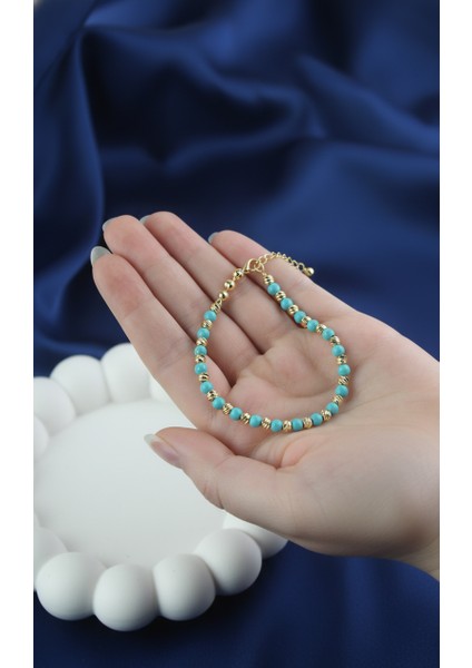 Altın Rengi Dorika Boncuklu ve Turkuaz Taşlı Ayarlanabilir Kadın Halhal fırsatları