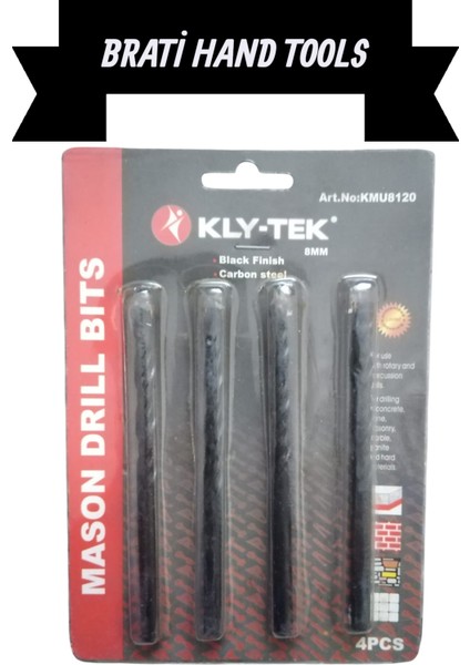 Kly-Tek 8mm Beton Delme Matkap Ucu Karbon Kaplama Siyah 4 Adet Set