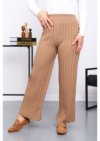 Bisküvi Yüksek Bel Fitilli Bol Paça Triko Pantolon