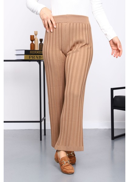 Bisküvi Yüksek Bel Fitilli Bol Paça Triko Pantolon fiyatları