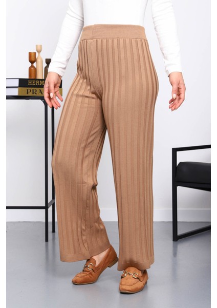 Bisküvi Yüksek Bel Fitilli Bol Paça Triko Pantolon modelleri