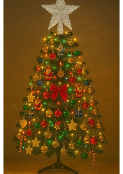 Gümüş Tepe Yıldızlı Tam 52 Parça Süsle Hazır 120 cm Palmiye Yılbaşı Ağacı – Işıltılı Yeni Yıl Dekoru