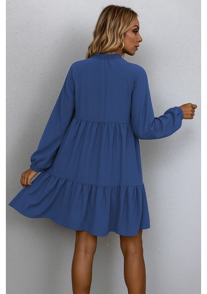 Kadın Uzun Kollu Yakadan Bağcıklı Fırfırlı Keten Mini Elbise fırsatları