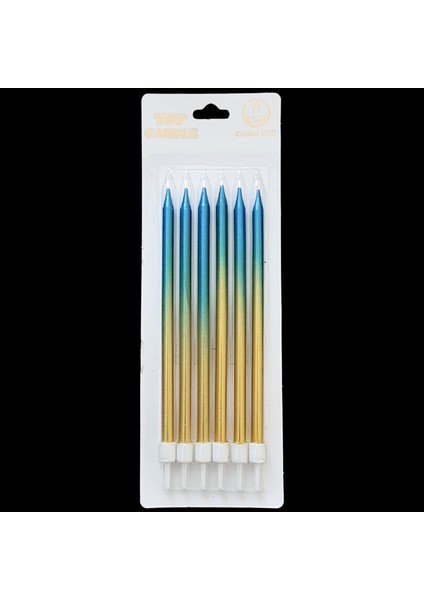 Altın Mavi Geçişli Metalik Ince Uzun Pasta Mum 16 cm * 6 Adet