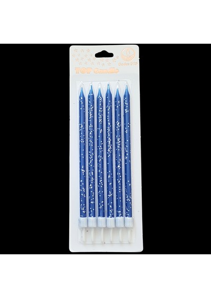 Mavi Gümüş Pullu Ince Uzun Pasta Mum 16 cm * 6 Adet