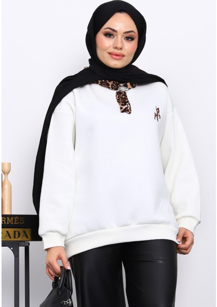 Ekru Fular Aksesurlı Ceylan Işlemeli Üç Iplik Sweat modelleri