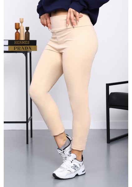 Bej Yüksek Bel Şardonlu Dalgıç Tayt