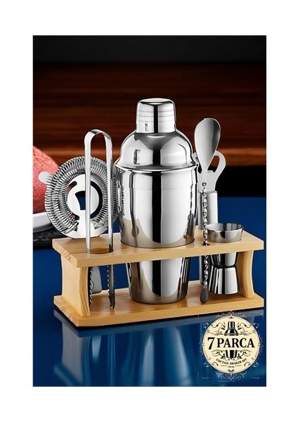 Shaker Kokteyl Set - 7 Parça 550 ml Shaker Coctail Set Bambu Standlı