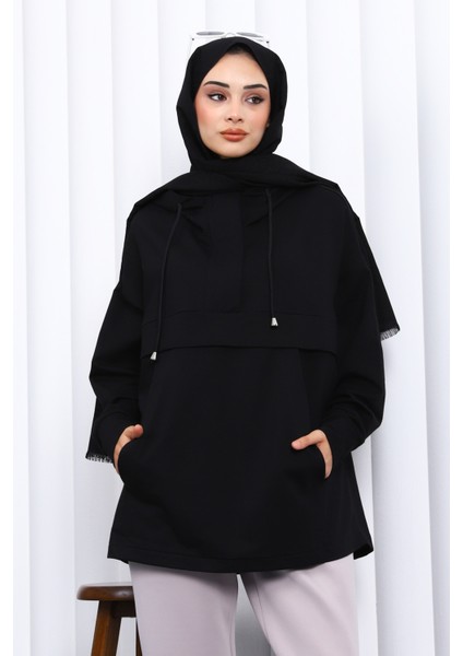 Siyah Fermuarlı Cepli Iki Iplik Oversize Sweat