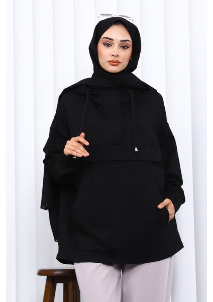 Siyah Fermuarlı Cepli Iki Iplik Oversize Sweat modelleri