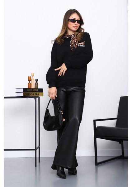 Siyah Fular Aksesuarlı Leoparlı Üç İplik Şardonlu Sweat fiyatları