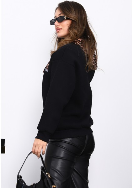 Siyah Fular Aksesuarlı Leoparlı Üç İplik Şardonlu Sweat modelleri